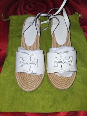 Tory Burch White Leather Espadrille Slide Sandals